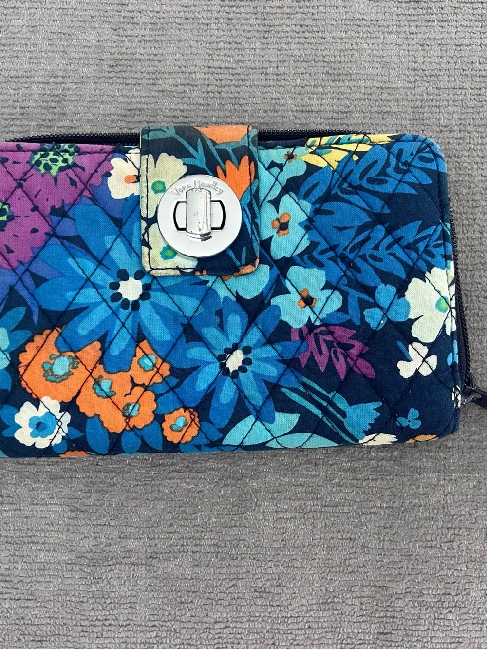 Vera Bradley Navy Floral Quilted Wristlet Wallet with Orange Accents
